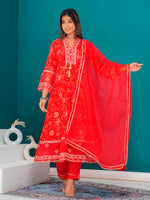 Thumbnail for Embroidered & Bandhani Printed Kurta With Pant & Dupatta, Red - Hiral Fashion - Distacart