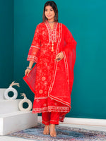 Thumbnail for Embroidered & Bandhani Printed Kurta With Pant & Dupatta, Red - Hiral Fashion - Distacart