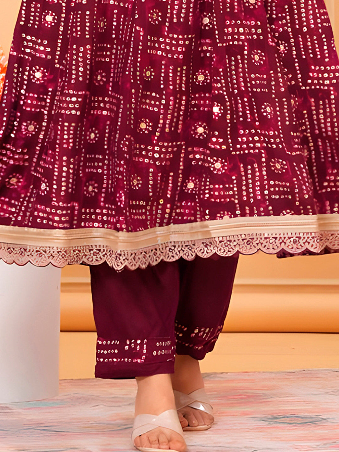 Embroidered & Bandhani Printed Kurta With Pant & Dupatta, Purple - Hiral Fashion - Distacart
