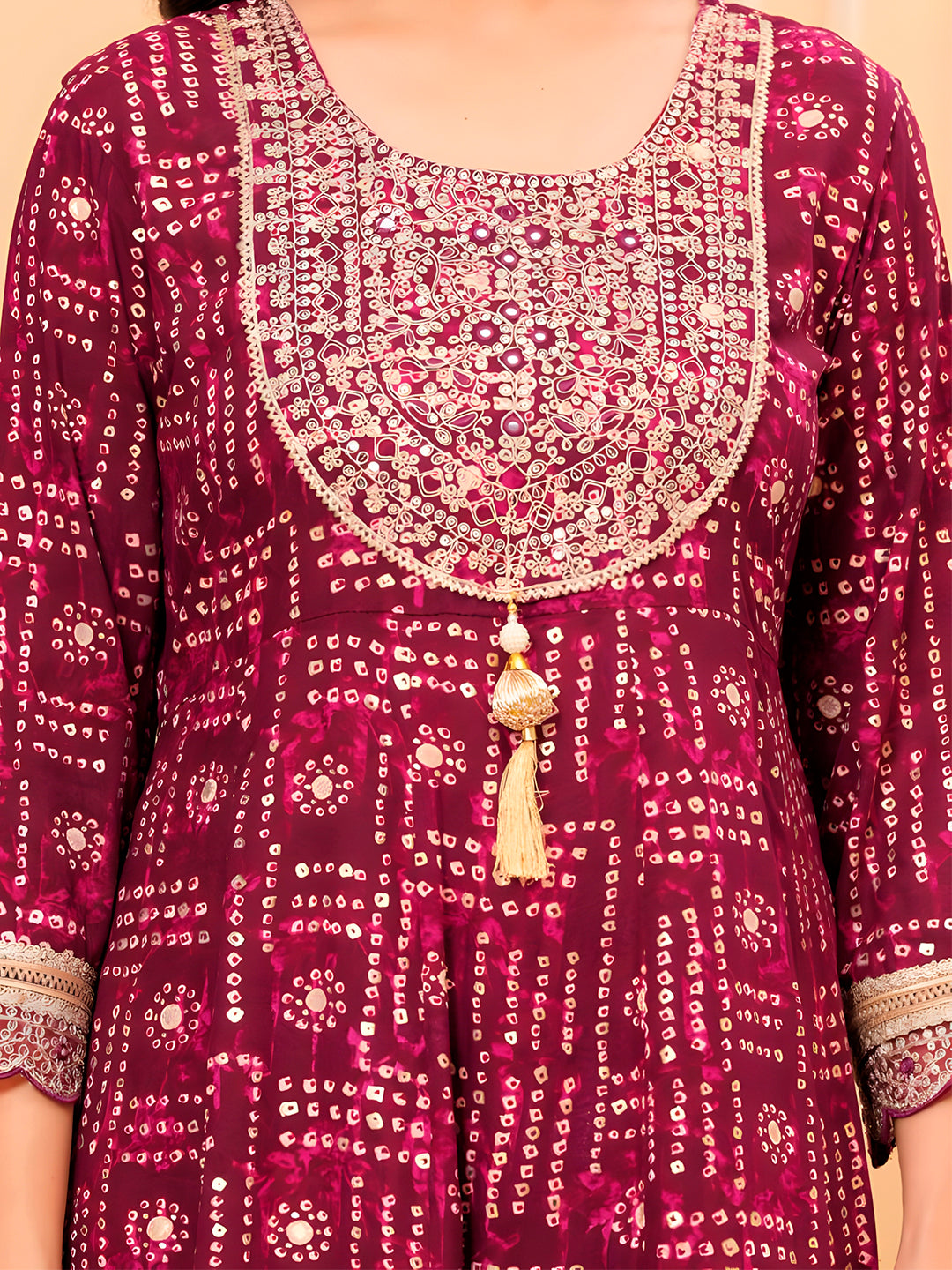 Embroidered & Bandhani Printed Kurta With Pant & Dupatta, Purple - Hiral Fashion - Distacart