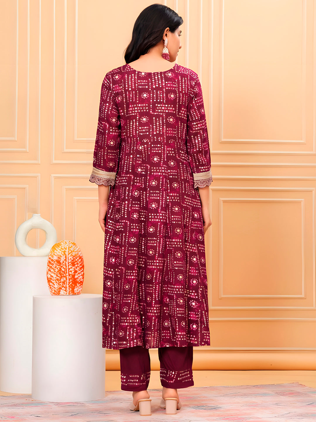 Embroidered & Bandhani Printed Kurta With Pant & Dupatta, Purple - Hiral Fashion - Distacart