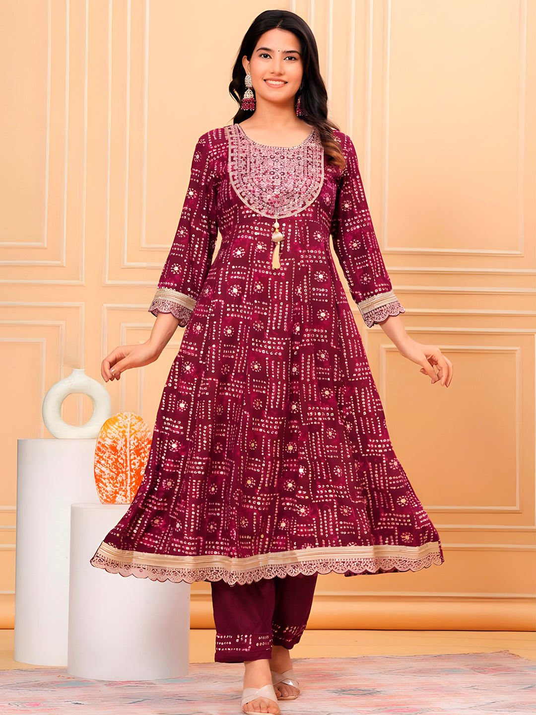 Embroidered & Bandhani Printed Kurta With Pant & Dupatta, Purple - Hiral Fashion - Distacart