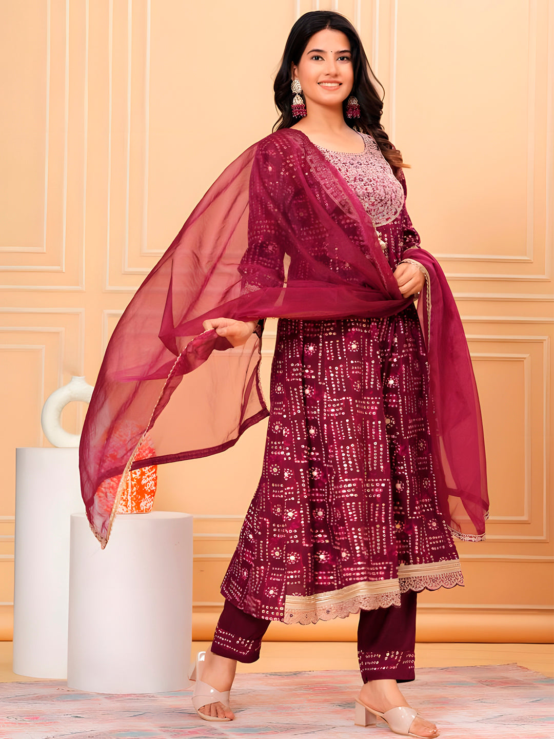 Embroidered & Bandhani Printed Kurta With Pant & Dupatta, Purple - Hiral Fashion - Distacart