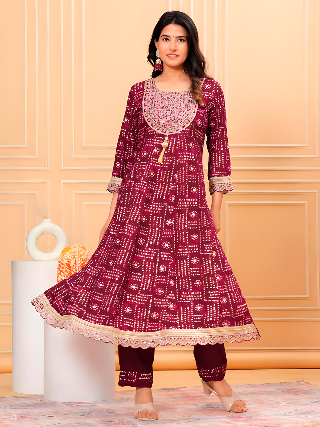 Embroidered & Bandhani Printed Kurta With Pant & Dupatta, Purple - Hiral Fashion - Distacart