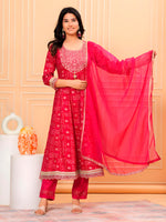 Thumbnail for Embroidered & Bandhani Printed Kurta With Pant & Dupatta, Pink - Hiral Fashion - Distacart