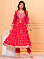 Thumbnail for Embroidered & Bandhani Printed Kurta With Pant & Dupatta, Pink - Hiral Fashion - Distacart
