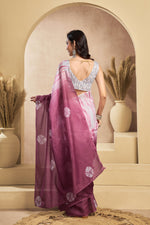 Thumbnail for Vastranavya White Onion Digital Printed Linen Ready To Wear Designer Saree with Unstitched Blouse - Distacart