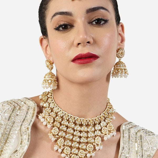 Jewel City Bridal Kundan Gold-Plated Choker Necklace Set with Jhumka Earrings for Women & Girls – Traditional Indian Wedding Jewelry with Pearls - Distacart