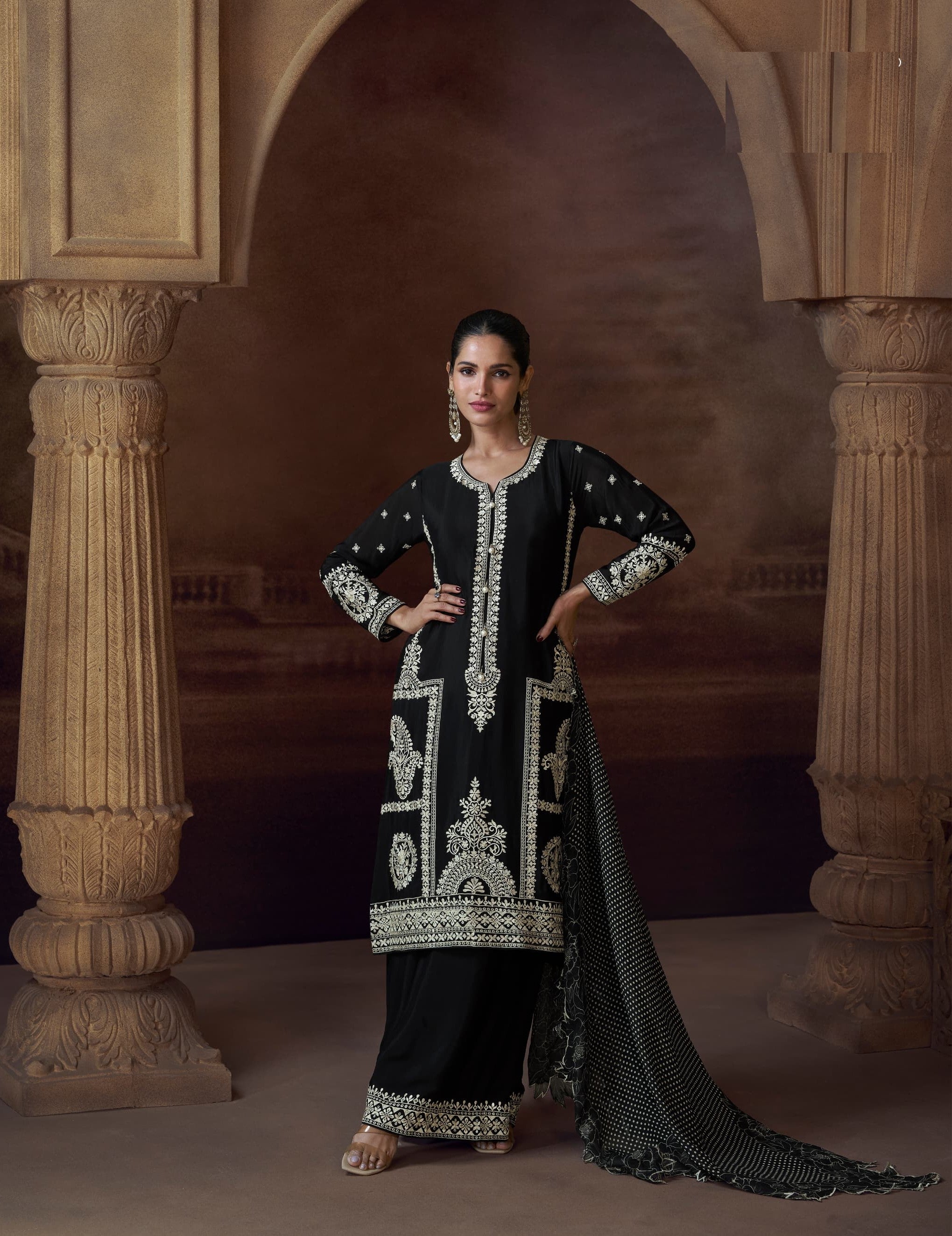 Aarshi Fashions Black Chinon Silk Suit