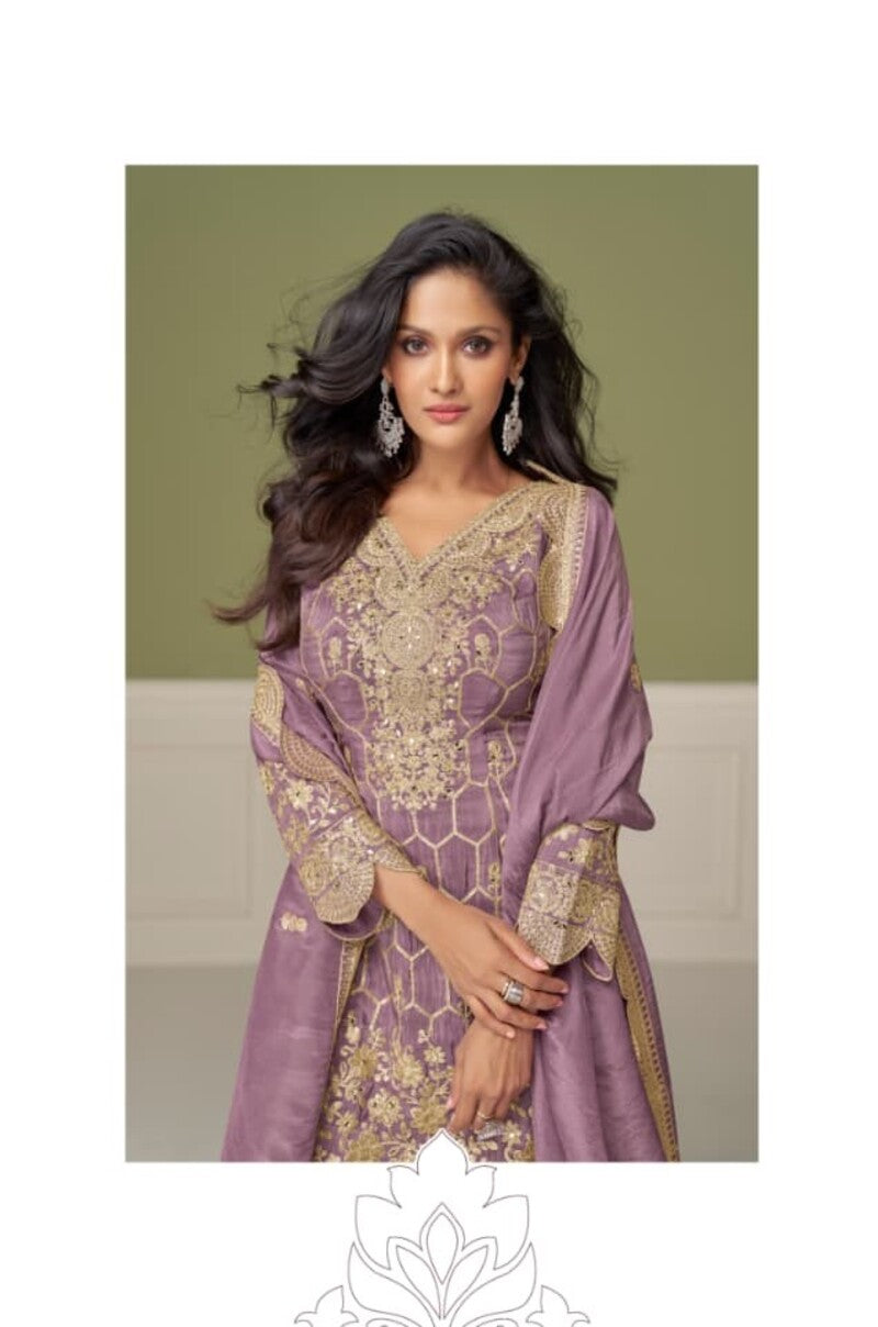 Aarshi Fashions Shimmer Silk Heavy Embroidered Lilac Wedding Palazzo Sets