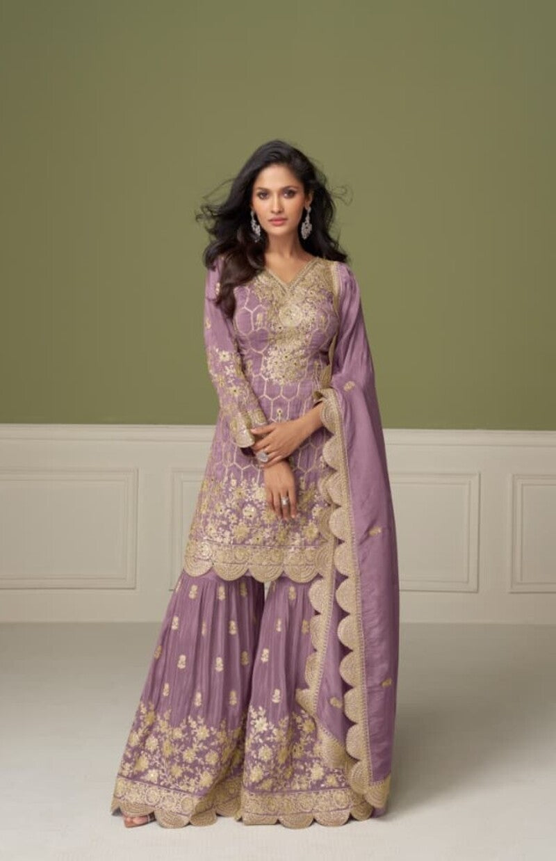 Aarshi Fashions Shimmer Silk Heavy Embroidered Lilac Wedding Palazzo Sets