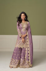 Thumbnail for Aarshi Fashions Shimmer Silk Heavy Embroidered Lilac Wedding Palazzo Sets