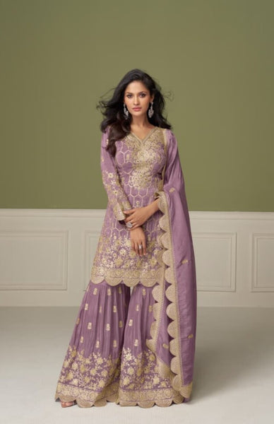 Aarshi Fashions Shimmer Silk Heavy Embroidered Lilac Wedding Palazzo Sets