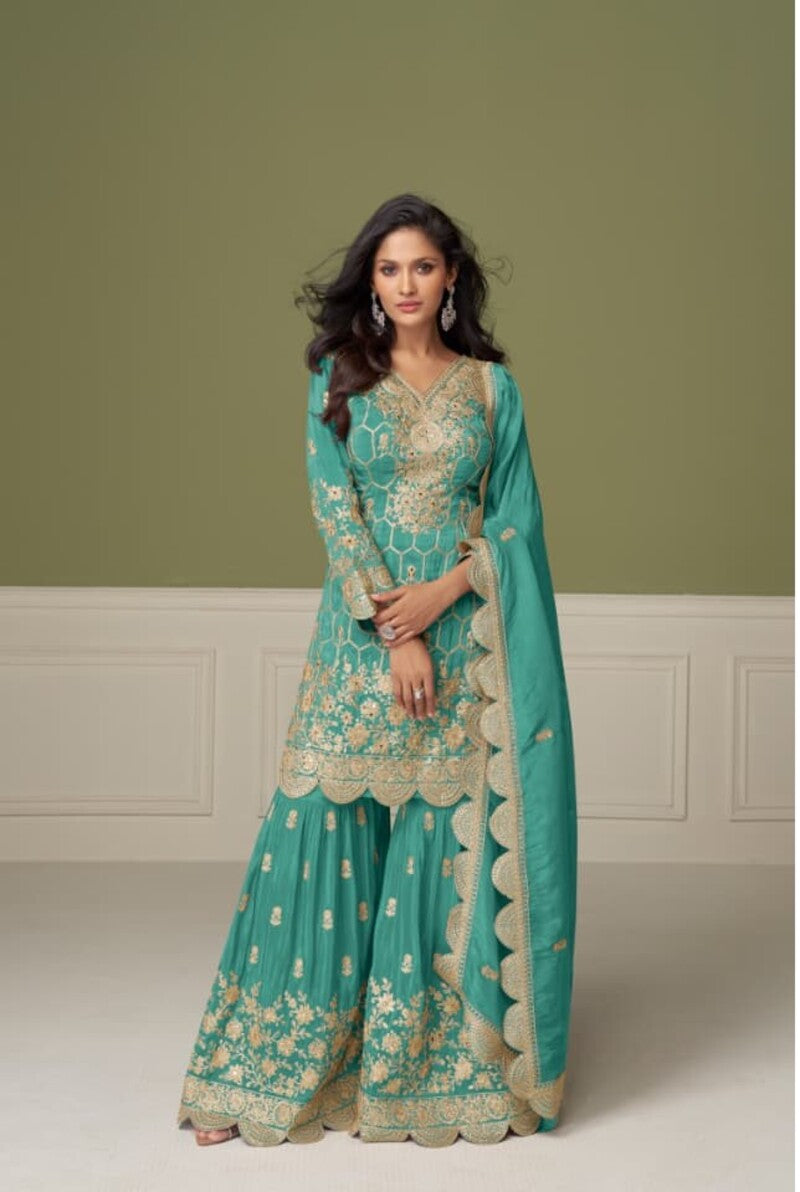Aarshi Fashions Shimmer Silk Heavy Embroidered Green Wedding Palazzo Sets