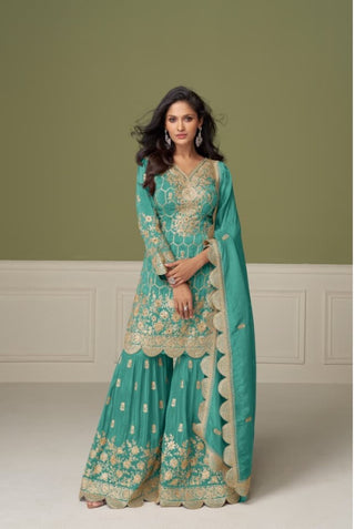 Aarshi Fashions Shimmer Silk Heavy Embroidered Green Wedding Palazzo Sets