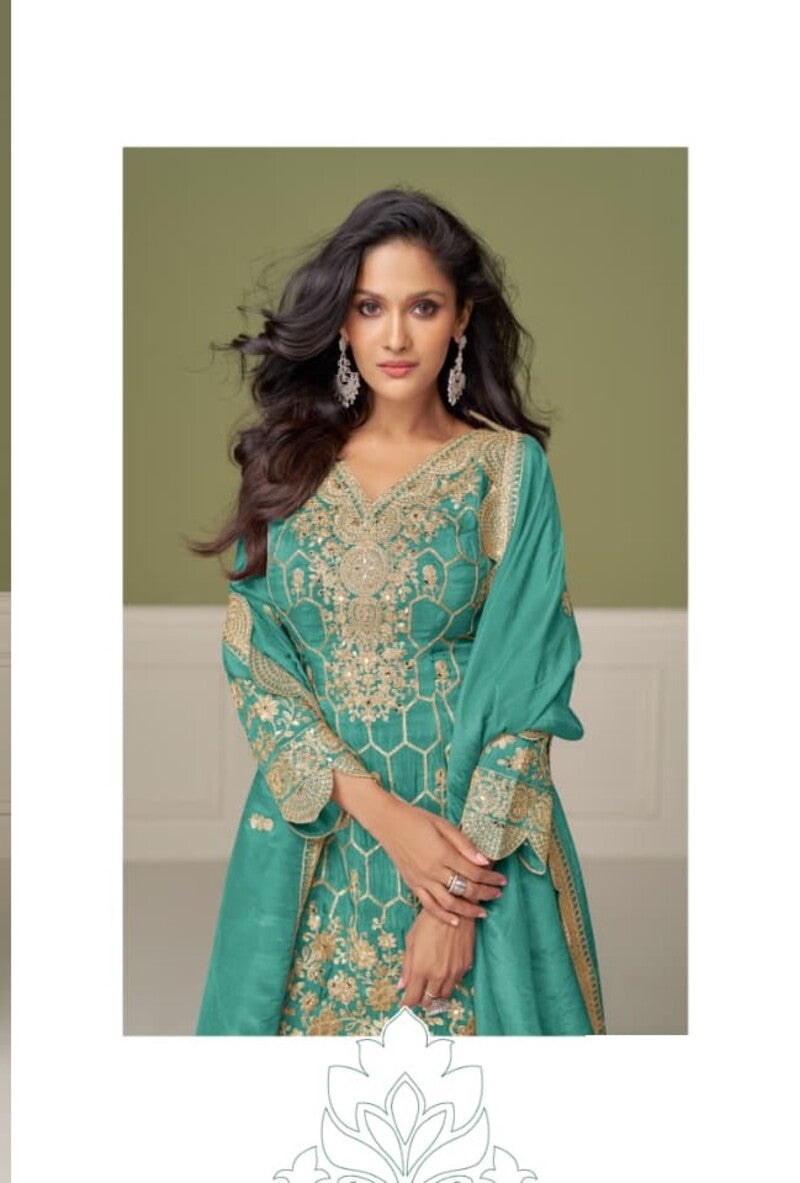 Aarshi Fashions Shimmer Silk Heavy Embroidered Green Wedding Palazzo Sets