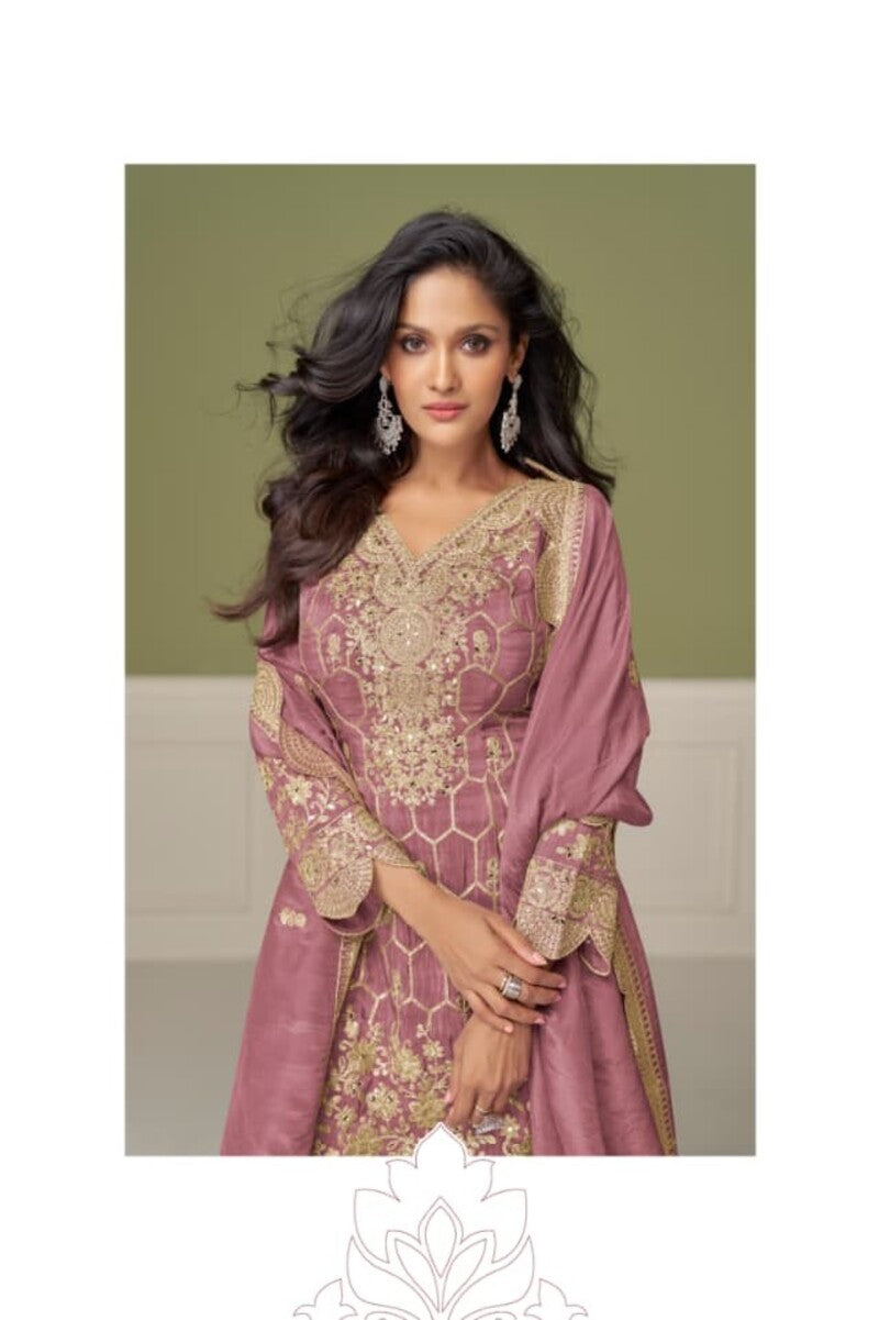 Aarshi Fashions Shimmer Silk Heavy Embroidered Pink Wedding Palazzo Sets