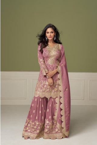 Aarshi Fashions Shimmer Silk Heavy Embroidered Pink Wedding Palazzo Sets