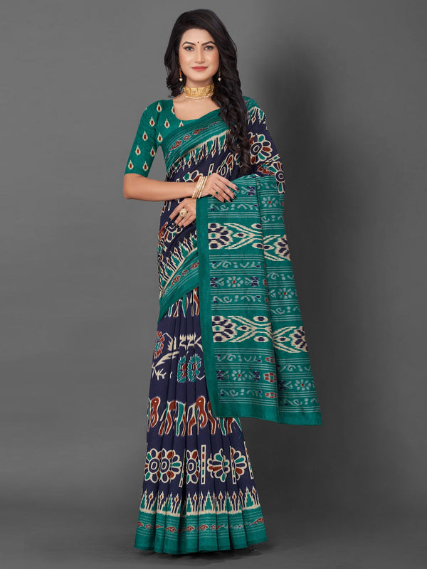 NOZ2TOZ Women's Bhagalpuri Silk Navy Blue Printed Designer Saree With Blouse Piece - Distacart