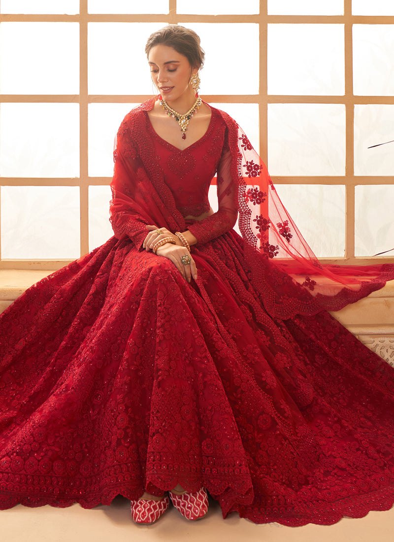 Vegaa Fashion Red Net Thread Work Wedding Lehenga - Distacart