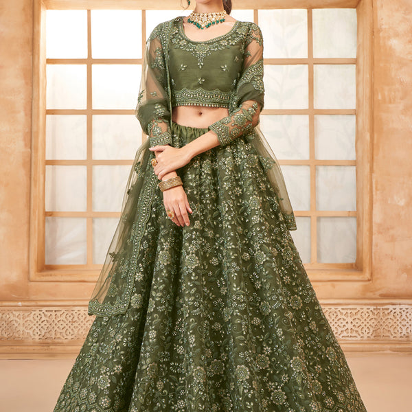 Vegaa Fashion Mehendi Net Thread Work Wedding Lehenga - Distacart