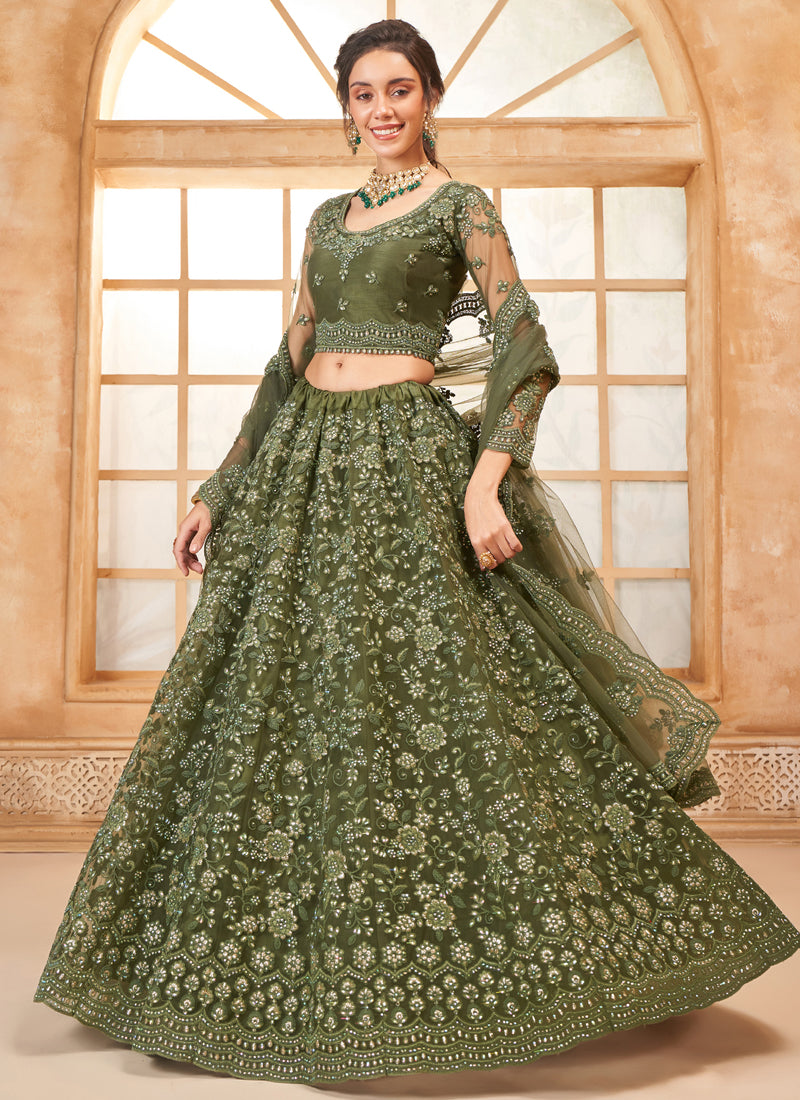 Vegaa Fashion Mehendi Net Thread Work Wedding Lehenga
