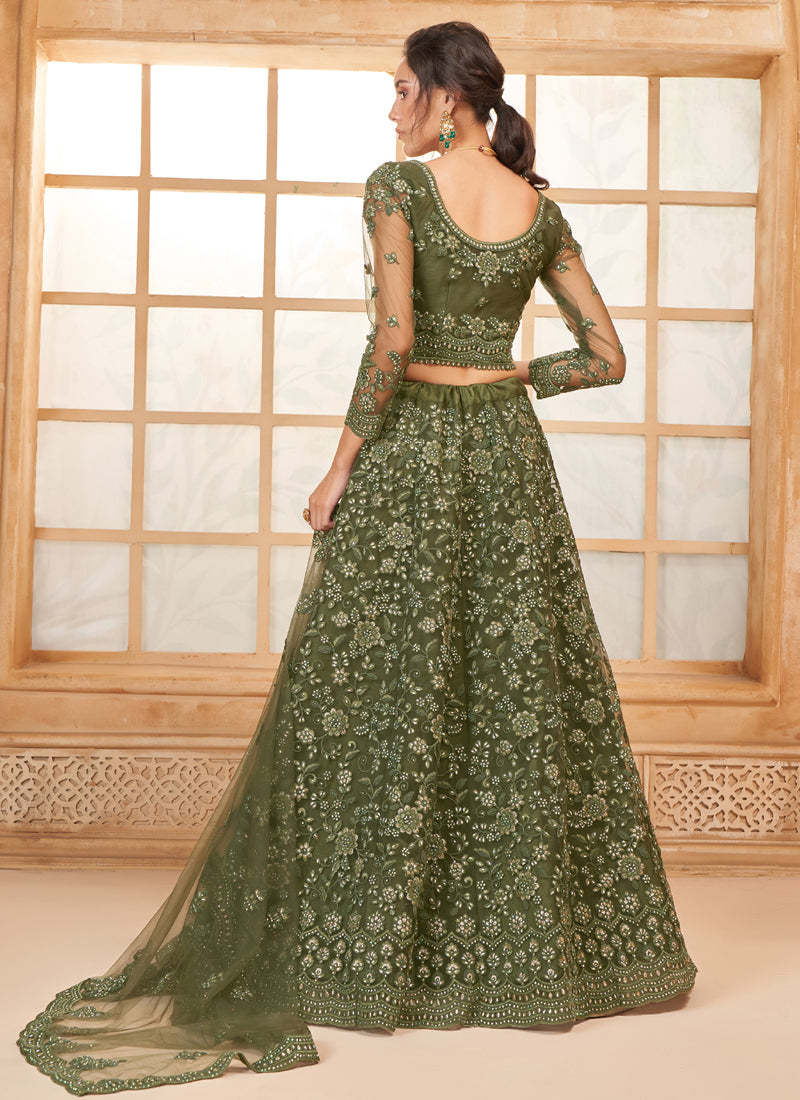 Vegaa Fashion Mehendi Net Thread Work Wedding Lehenga