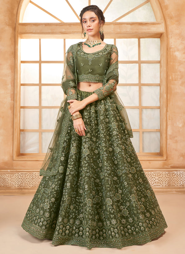 Vegaa Fashion Mehendi Net Thread Work Wedding Lehenga