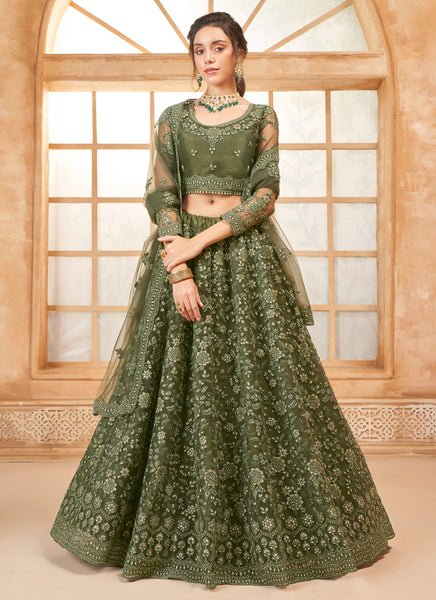 Vegaa Fashion Mehendi Net Thread Work Wedding Lehenga