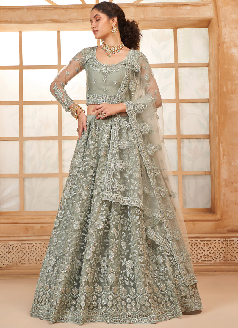 Vegaa Fashion Grey Net Thread Work Wedding Lehenga - Distacart