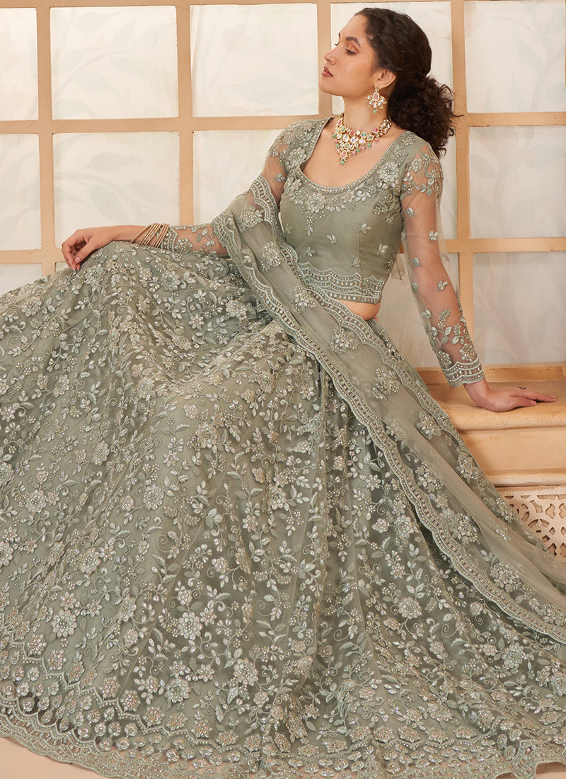 Vegaa Fashion Grey Net Thread Work Wedding Lehenga - Distacart