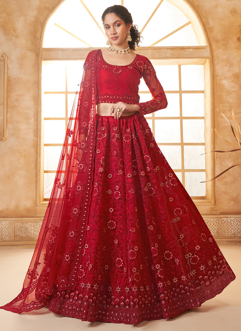 Vegaa Fashion Red Net Thread Work Wedding Lehenga - Distacart