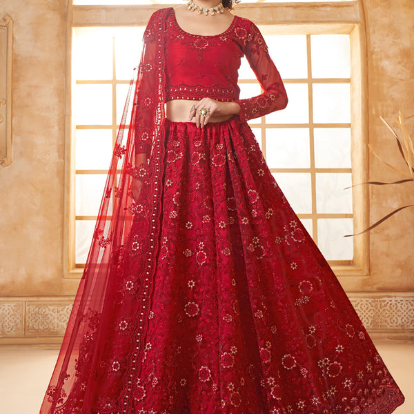 Vegaa Fashion Red Net Thread Work Wedding Lehenga - Distacart