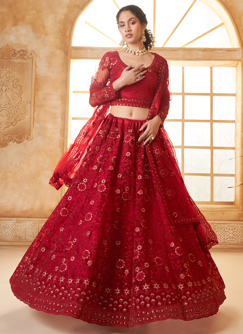 Vegaa Fashion Red Net Thread Work Wedding Lehenga - Distacart
