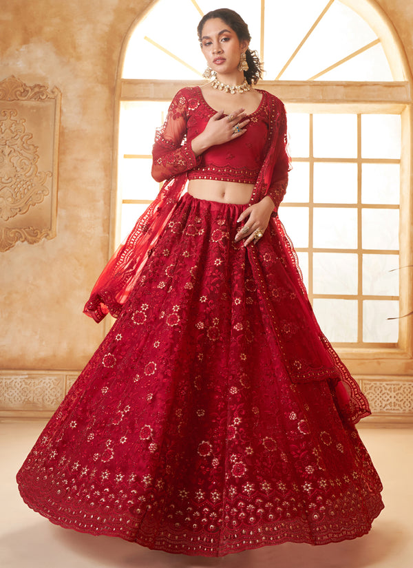 Vegaa Fashion Red Net Thread Work Wedding Lehenga