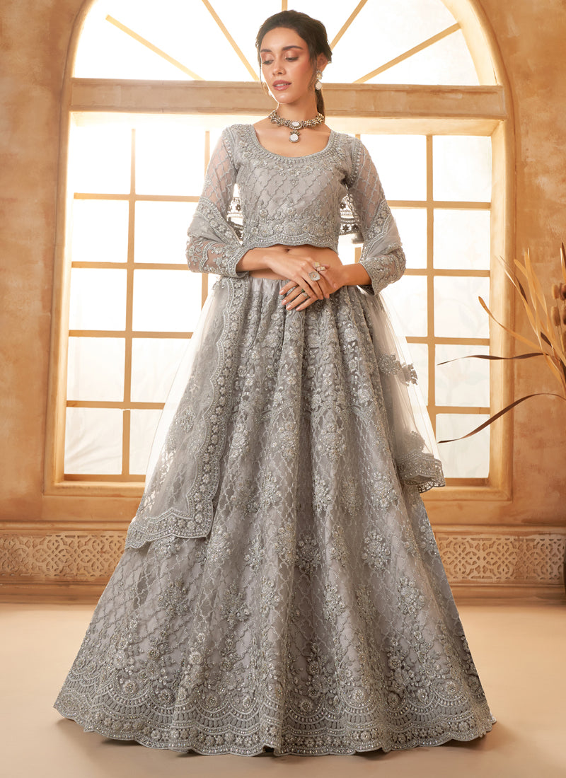 Vegaa Fashion Grey Net Thread Work Wedding Lehenga - Distacart