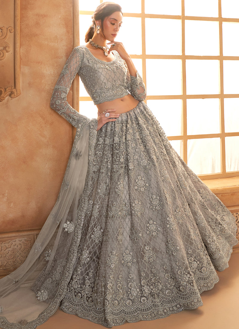 Vegaa Fashion Grey Net Thread Work Wedding Lehenga - Distacart