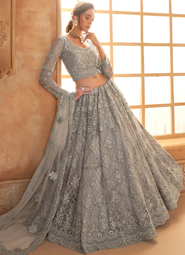 Vegaa Fashion Grey Net Thread Work Wedding Lehenga