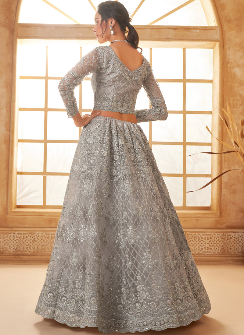 Vegaa Fashion Grey Net Thread Work Wedding Lehenga