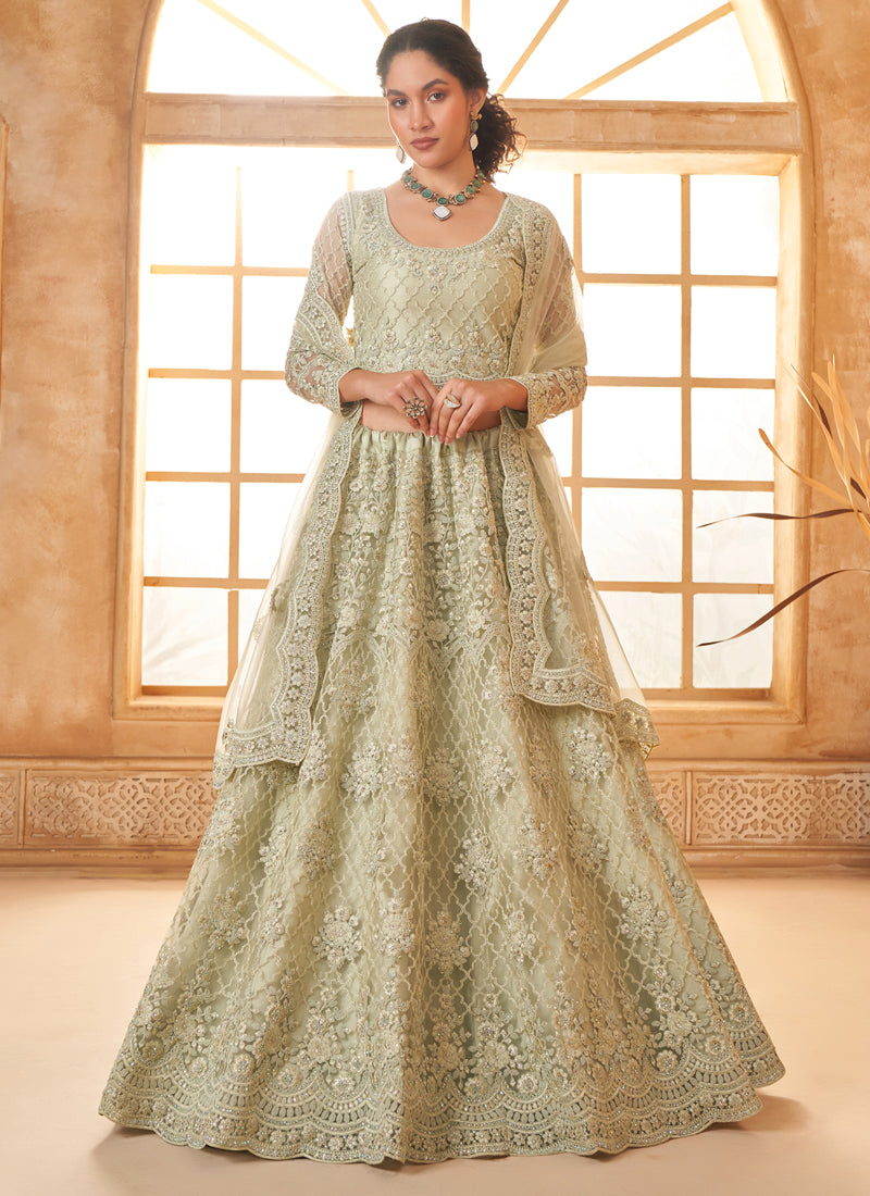 Vegaa Fashion Light Green Net Thread Work Wedding Lehenga - Distacart