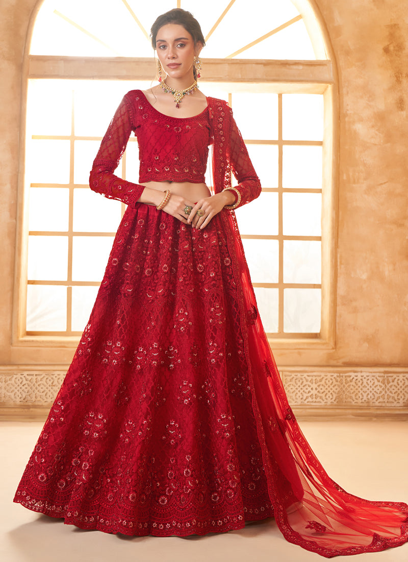 Vegaa Fashion Red Net Thread Work Wedding Lehenga - Distacart