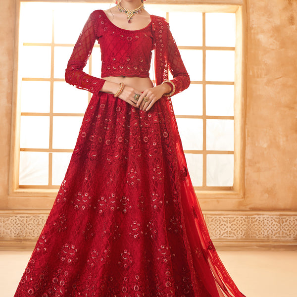 Vegaa Fashion Red Net Thread Work Wedding Lehenga - Distacart