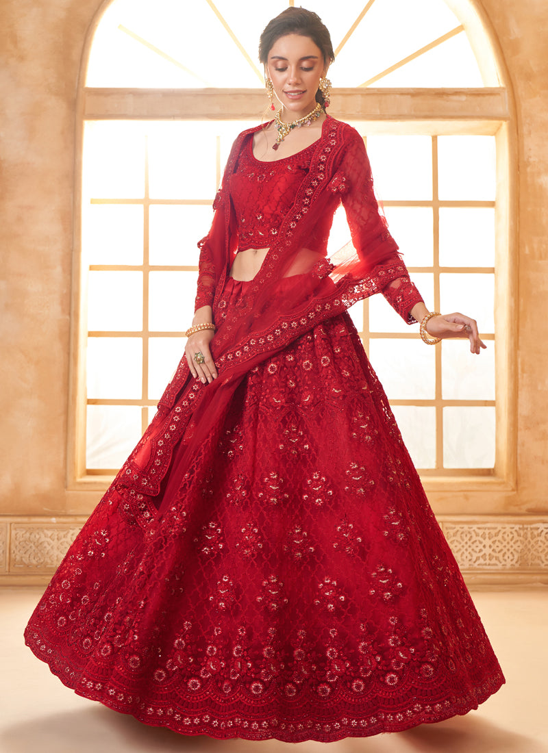 Vegaa Fashion Red Net Thread Work Wedding Lehenga