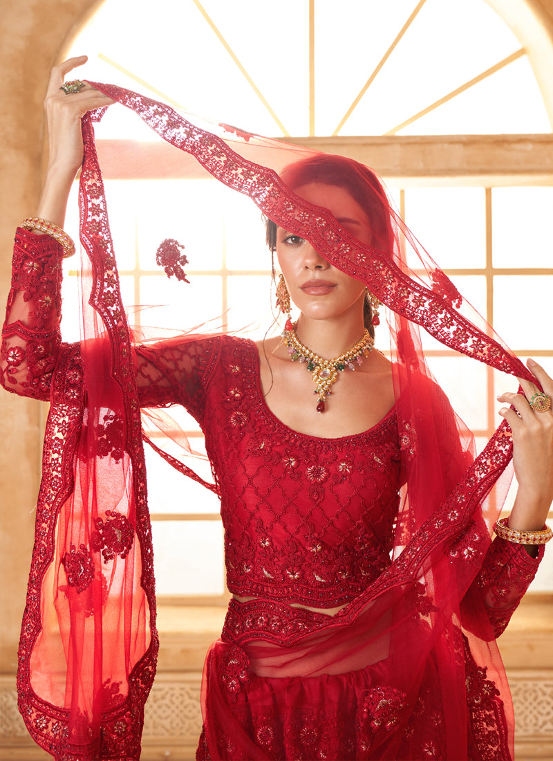 Vegaa Fashion Red Net Thread Work Wedding Lehenga - Distacart