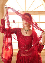 Thumbnail for Vegaa Fashion Red Net Thread Work Wedding Lehenga