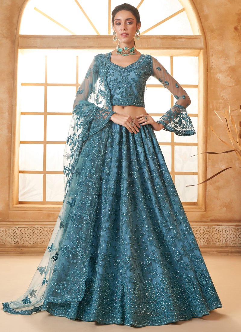 Vegaa Fashion Aqua Blue Net Thread Work Wedding Lehenga - Distacart