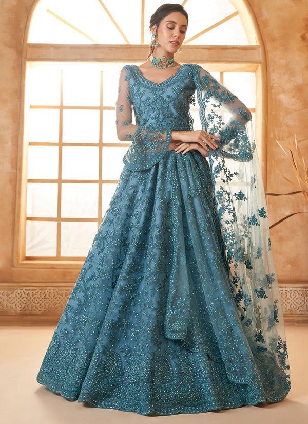 Vegaa Fashion Aqua Blue Net Thread Work Wedding Lehenga