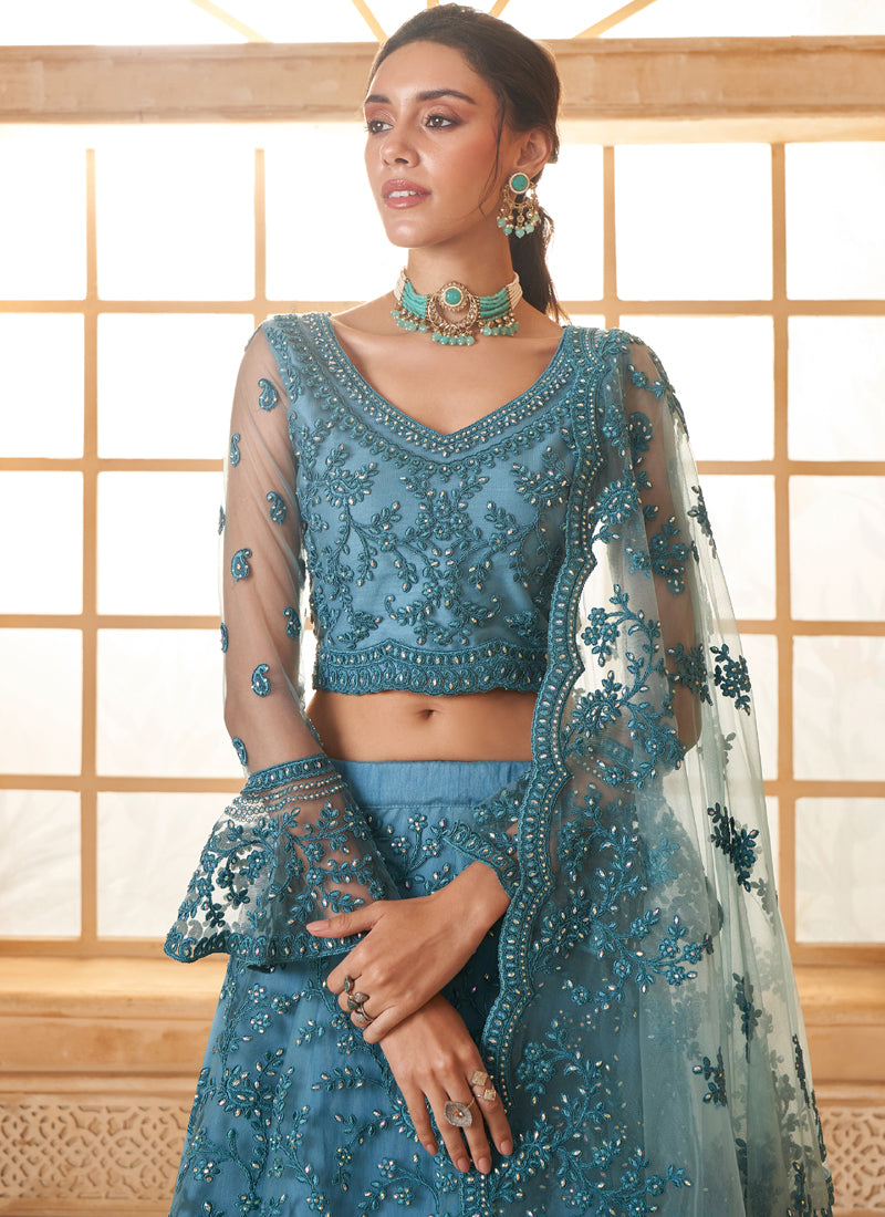 Vegaa Fashion Aqua Blue Net Thread Work Wedding Lehenga