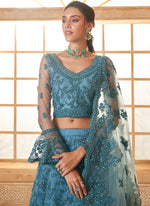 Thumbnail for Vegaa Fashion Aqua Blue Net Thread Work Wedding Lehenga