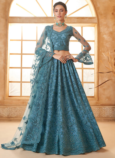 Vegaa Fashion Aqua Blue Net Thread Work Wedding Lehenga